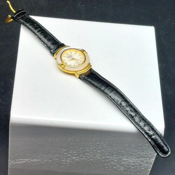 Vintage Signature Studio Quartz Watch Gold & Silver Tone Black Leather Strap - Picture 9 of 10
